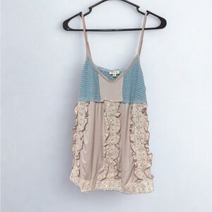 New! POL Blue & Beige Lace Ruffle Boho Tank Top Size Med Romantic Style